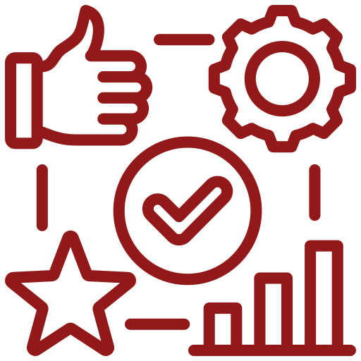 Icons of success and productivity in red.