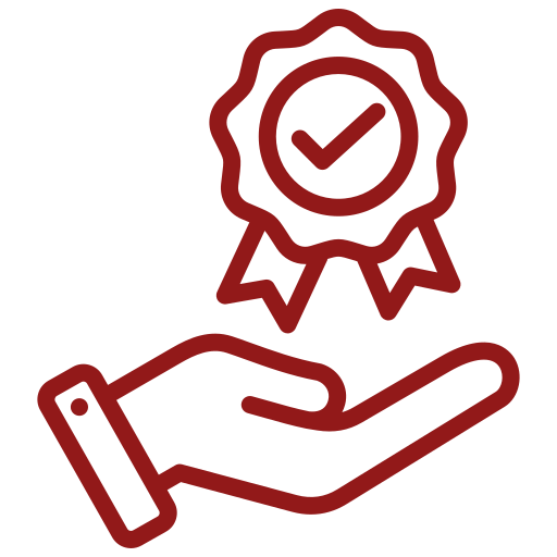 Hand holding quality certification badge icon.