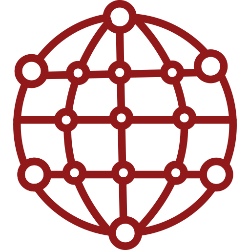 Red network globe icon with lines and nodes.