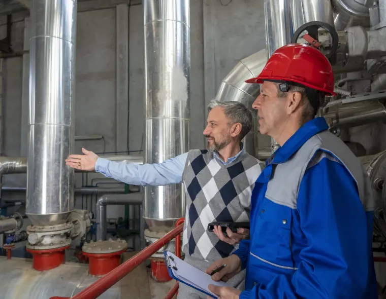 Two workers inspecting industrial pipes together.