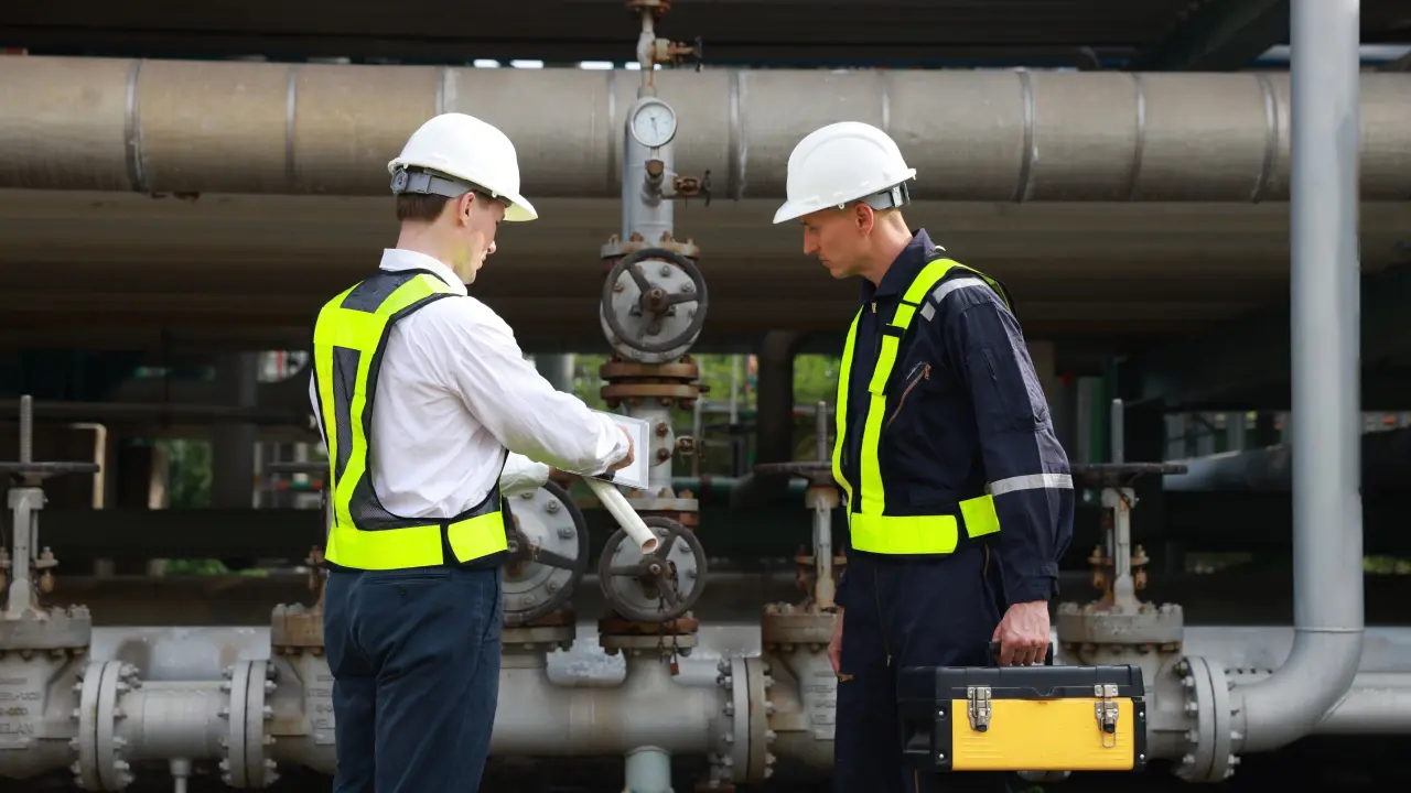 New Project - 2025-04-22T185352.757 Two engineers inspecting industrial pipes outdoors.