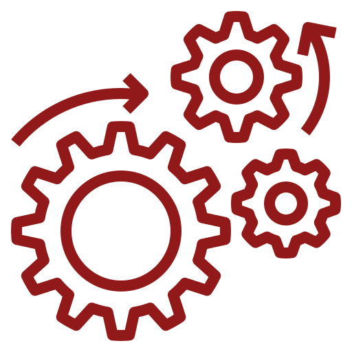 Red gears with arrows on black background.